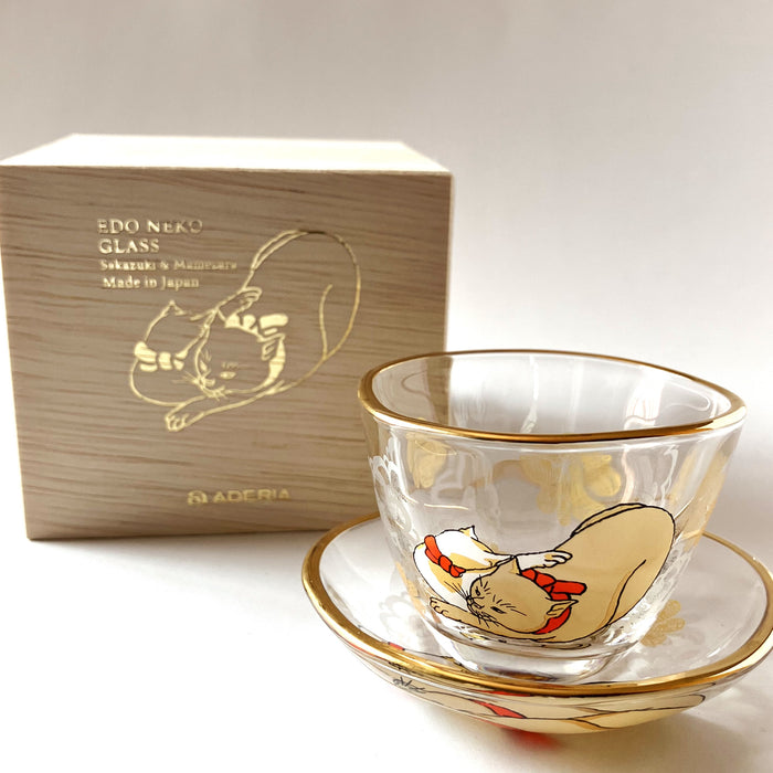Kuniyoshi Ukiyo-e Cat Sake Cup & Small Dish Set (Cream & Buchi-neko)