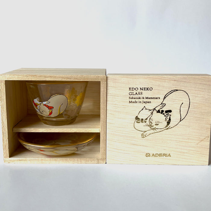 Kuniyoshi Ukiyo-e Cat Sake Cup & Small Dish Set (Cream & Buchi-neko)