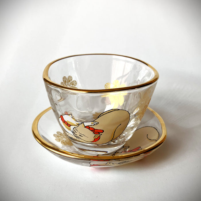 Kuniyoshi Ukiyo-e Cat Sake Cup & Small Dish Set (Cream & Buchi-neko)