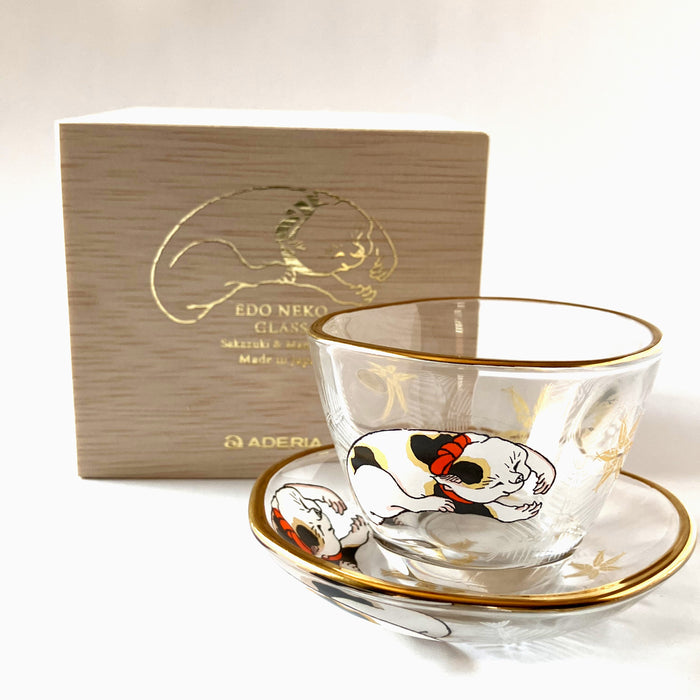 Kuniyoshi Ukiyo-e Cat Sake Cup & Small Dish Set (Mike-neko)