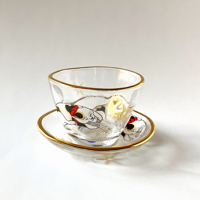 Kuniyoshi Ukiyo-e Cat Sake Cup & Small Dish Set (Mike-neko)