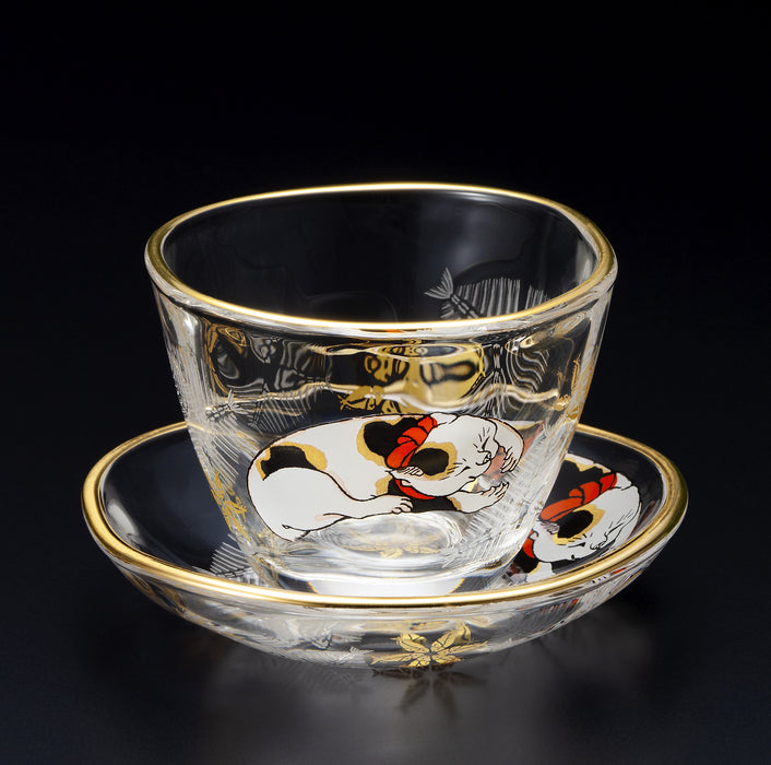 Kuniyoshi Ukiyo-e Cat Sake Cup & Small Dish Set (Mike-neko)