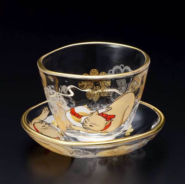 Kuniyoshi Ukiyo-e Cat Sake Cup & Small Dish Set (Cream & Buchi-neko)