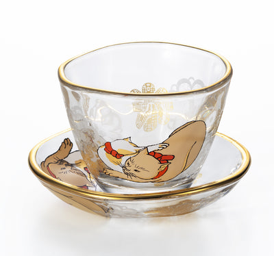 Kuniyoshi Ukiyo-e Cat Sake Cup & Small Dish Set (Cream & Buchi-neko)
